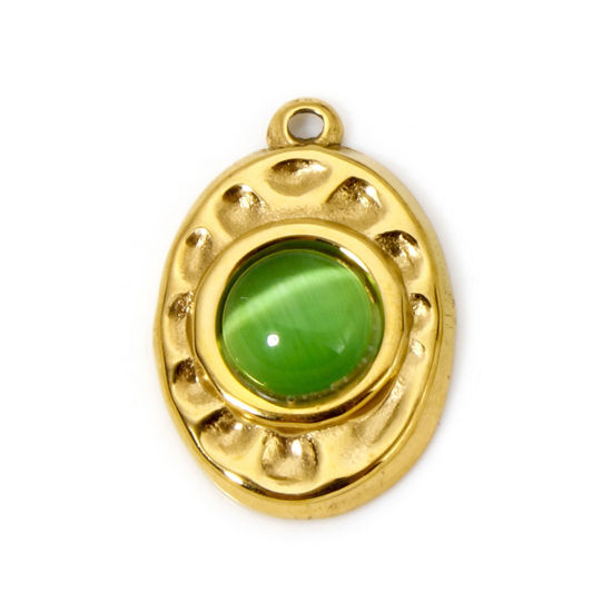 Picture of 1 Piece Eco-friendly PVD Vacuum Plating 304 Stainless Steel Hammered Charms 18K Real Gold Plated Green Oval With Synthetic Gemstone Cabochons 18mm x 12mm