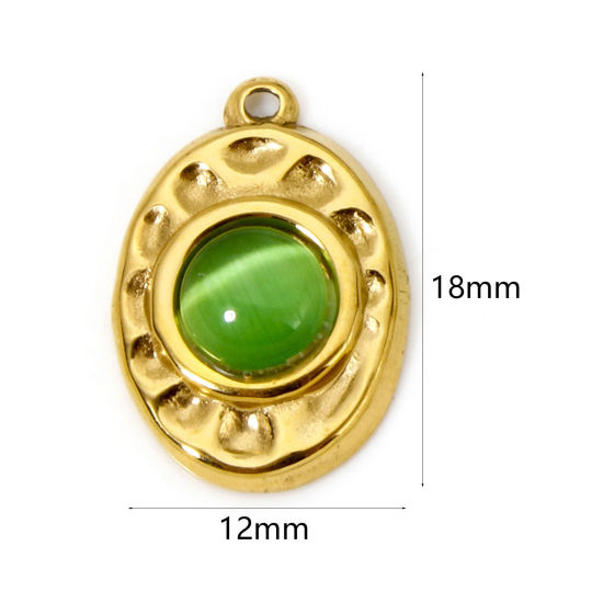 Picture of 1 Piece Eco-friendly PVD Vacuum Plating 304 Stainless Steel Hammered Charms 18K Real Gold Plated Green Oval With Synthetic Gemstone Cabochons 18mm x 12mm