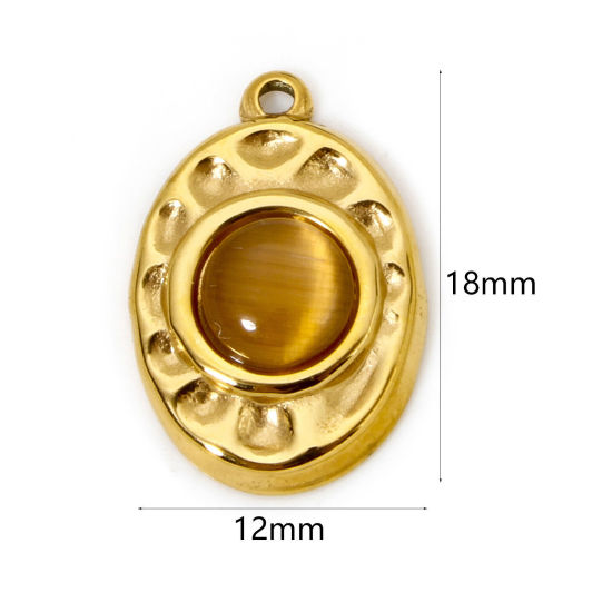 Picture of 1 Piece Eco-friendly PVD Vacuum Plating 304 Stainless Steel Hammered Charms 18K Real Gold Plated Coffee Oval With Synthetic Gemstone Cabochons 18mm x 12mm