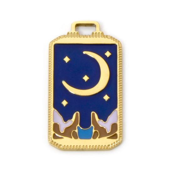 Image de 1 Pièce Breloques en 304 Acier Inoxydable Placage sous Vide PVD Respectueux de l'Environnement Tarot Rectangle Plaqué Or Véritable 18K Lune Émail 25.5mm x 14mm