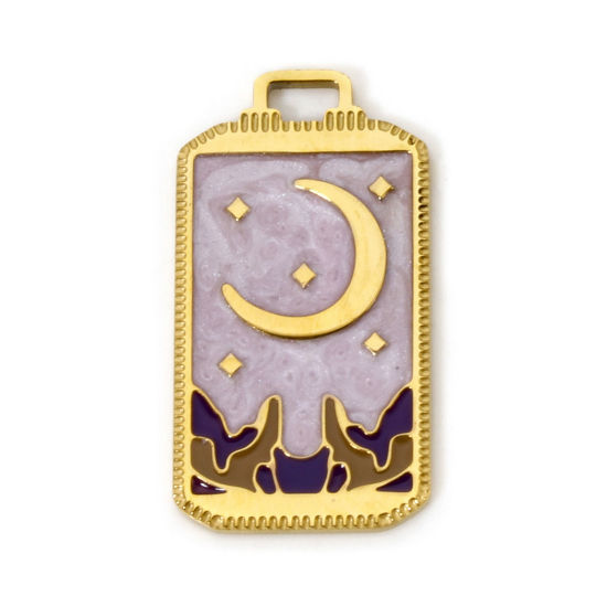 Image de 1 Pièce Breloques en 304 Acier Inoxydable Placage sous Vide PVD Respectueux de l'Environnement Tarot Rectangle Plaqué Or Véritable 18K Lune Émail 25.5mm x 14mm