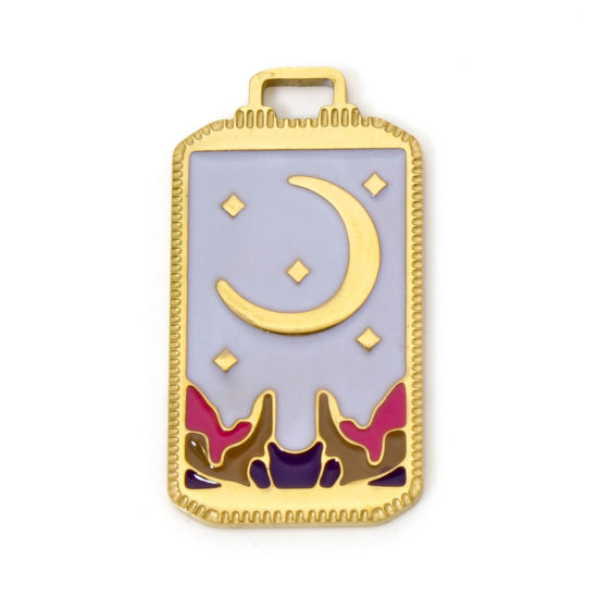 Image de 1 Pièce Breloques en 304 Acier Inoxydable Placage sous Vide PVD Respectueux de l'Environnement Tarot Rectangle Plaqué Or Véritable 18K Lune Émail 25.5mm x 14mm