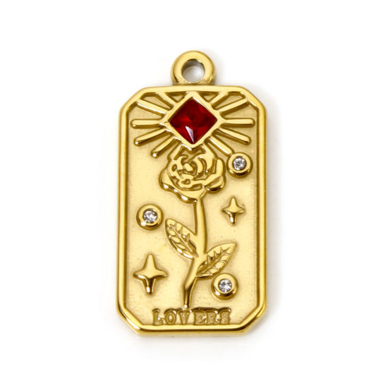 Image de 1 Pièce Breloques en 304 Acier Inoxydable Placage sous Vide PVD Respectueux de l'Environnement Collection Végétale Rectangle Plaqué Or Véritable 18K Rose à Strass Rouge 25.5mm x 13mm