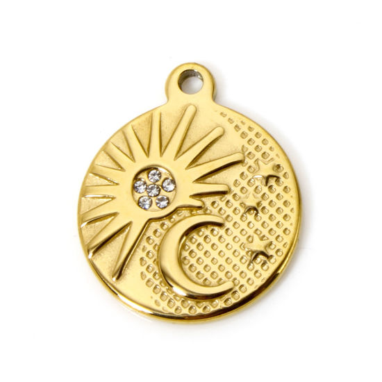 Image de 1 Pièce Breloques en 304 Acier Inoxydable Placage sous Vide PVD Respectueux de l'Environnement Galaxie Rond Plaqué Or Véritable 18K Soleil à Strass Transparent 22mm x 18mm