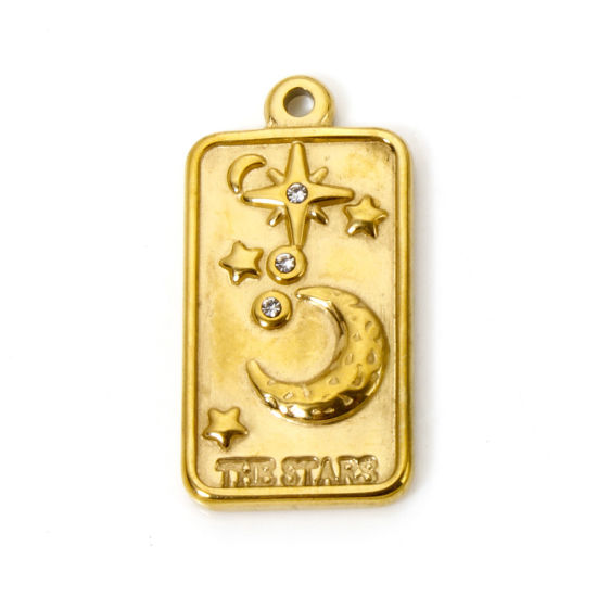 Image de 1 Pièce Breloques en 304 Acier Inoxydable Placage sous Vide PVD Respectueux de l'Environnement Galaxie Rectangle Plaqué Or Véritable 18K Lune à Strass Transparent 26mm x 13mm