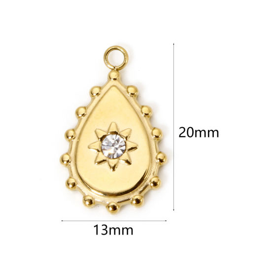 Picture of 1 Piece Eco-friendly PVD Vacuum Plating 304 Stainless Steel Charms 18K Real Gold Plated Drop Clear Rhinestone 20mm x 13mm