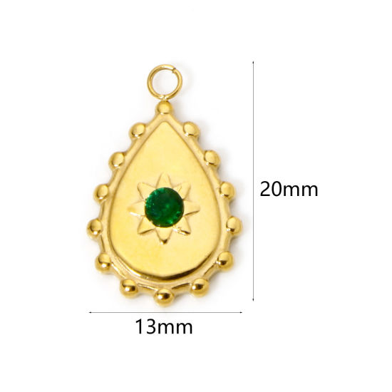 Picture of 1 Piece Eco-friendly PVD Vacuum Plating 304 Stainless Steel Charms 18K Real Gold Plated Drop Green Rhinestone 20mm x 13mm