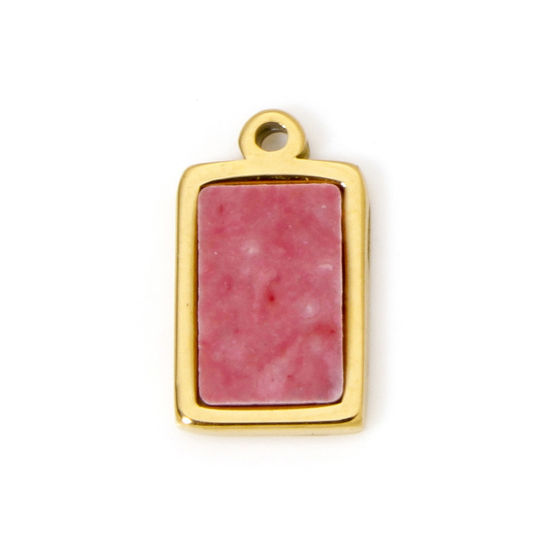 Picture of 1 Piece Eco-friendly PVD Vacuum Plating 304 Stainless Steel Charms 18K Real Gold Plated Pink Rectangle With Synthetic Gemstone Cabochons 12mm x 7mm