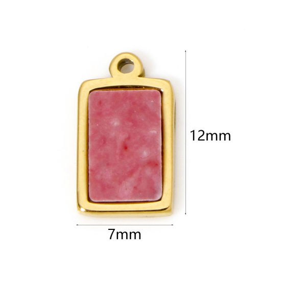 Picture of 1 Piece Eco-friendly PVD Vacuum Plating 304 Stainless Steel Charms 18K Real Gold Plated Pink Rectangle With Synthetic Gemstone Cabochons 12mm x 7mm