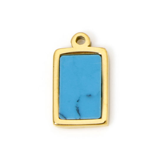 Picture of 1 Piece Eco-friendly PVD Vacuum Plating 304 Stainless Steel Charms 18K Real Gold Plated Blue Rectangle With Synthetic Gemstone Cabochons 12mm x 7mm