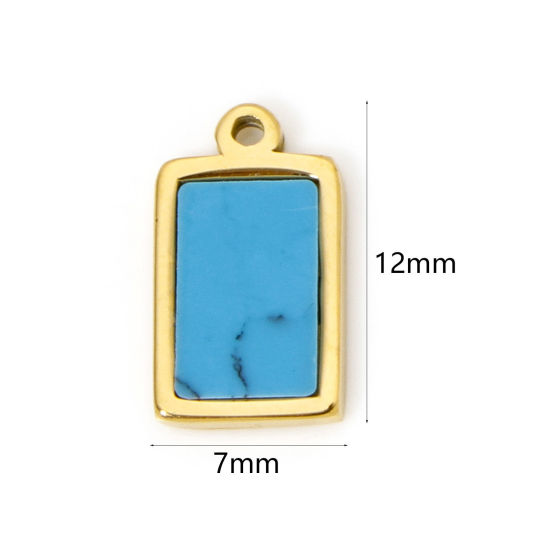 Picture of 1 Piece Eco-friendly PVD Vacuum Plating 304 Stainless Steel Charms 18K Real Gold Plated Blue Rectangle With Synthetic Gemstone Cabochons 12mm x 7mm