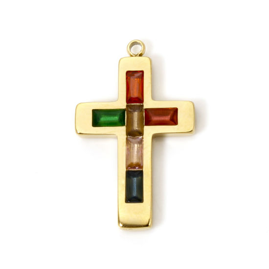 Picture of 1 Piece Eco-friendly PVD Vacuum Plating 304 Stainless Steel Religious Charms 14K Real Gold Plated Cross Multicolour Cubic Zirconia 25mm x 15mm