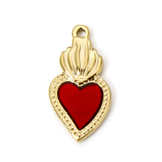 Picture of 1 Piece Eco-friendly PVD Vacuum Plating 304 Stainless Steel Religious Charms 14K Real Gold Plated Ex Voto Heart Enamel 22mm x 11.5mm