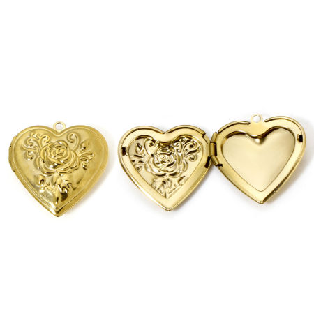 Picture of 1 Piece Eco-friendly PVD Vacuum Plating Waterproof Anti-Tarnish Hypoallergenic 304 Stainless Steel Picture Photo Locket Frame Pendants 14K Real Gold Plated Heart Rose Flower Can Open 29mm x 28.5mm