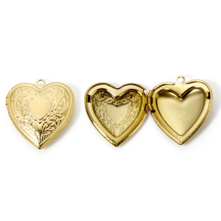 Picture of 1 Piece Eco-friendly PVD Vacuum Plating Waterproof Anti-Tarnish Hypoallergenic 304 Stainless Steel Picture Photo Locket Frame Pendants 14K Real Gold Plated Heart Wreath Can Open 25mm x 23mm