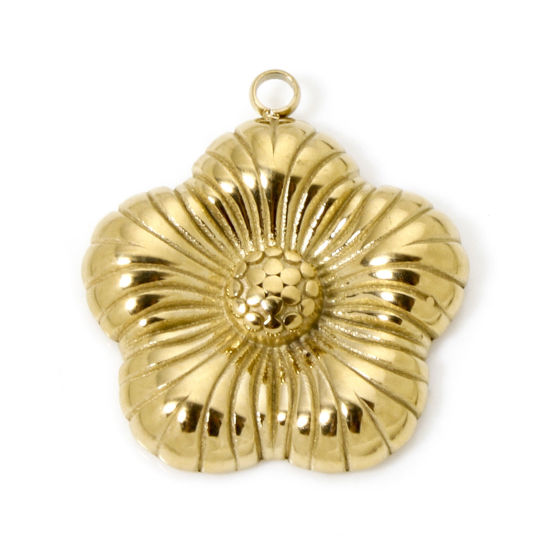 Image de 1 Pièce Breloques en 304 Acier Inoxydable Placage sous Vide PVD Respectueux de l'Environnement Collection Végétale Fleur Plaqué Or Véritable 14K 3D 24mm x 21.5mm