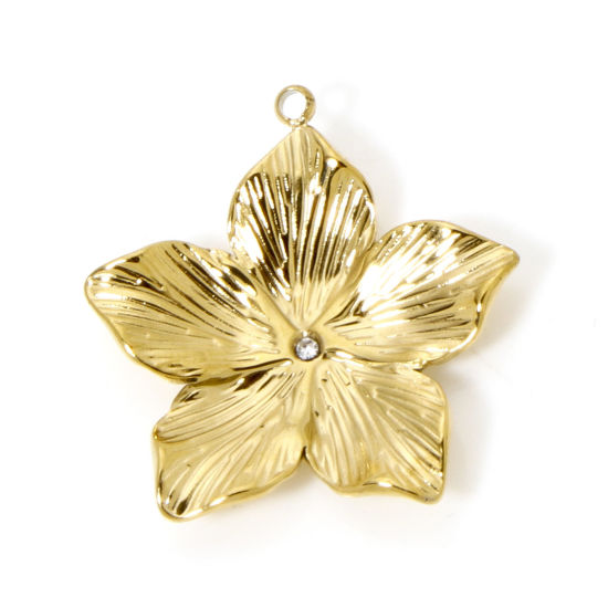 Image de 1 Pièce Breloques en 304 Acier Inoxydable Placage sous Vide PVD Respectueux de l'Environnement Collection Végétale Fleur Plaqué Or Véritable 14K 3D à Strass Transparent 26mm x 25mm