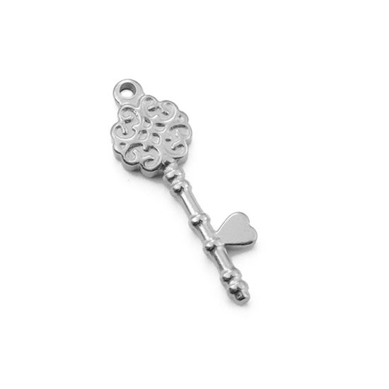 Image de 2 PCs 304 Stainless Steel Charms Silver Tone Key Flower 3.4cm x 1.1cm