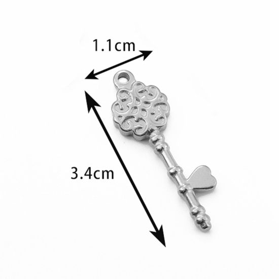 Image de 2 PCs 304 Stainless Steel Charms Silver Tone Key Flower 3.4cm x 1.1cm