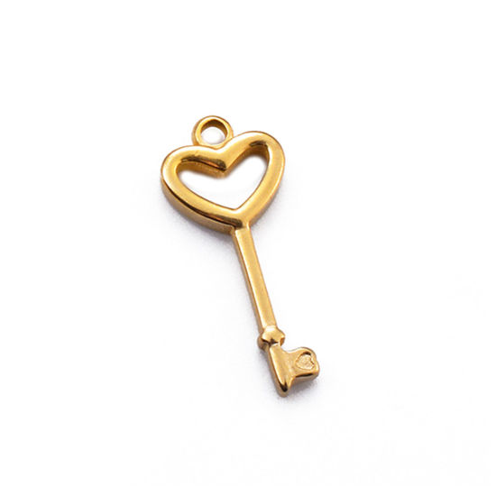 Image de 2 PCs 304 Stainless Steel Valentine's Day Charms Gold Plated Key 25mm x 10.5mm