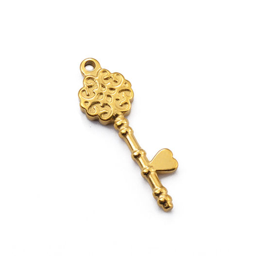 Image de 2 PCs 304 Stainless Steel Charms Gold Plated Key Flower 3.4cm x 1.1cm