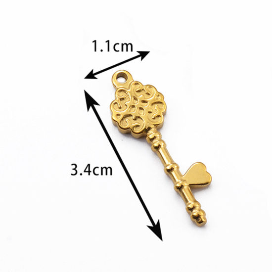 Image de 2 PCs 304 Stainless Steel Charms Gold Plated Key Flower 3.4cm x 1.1cm