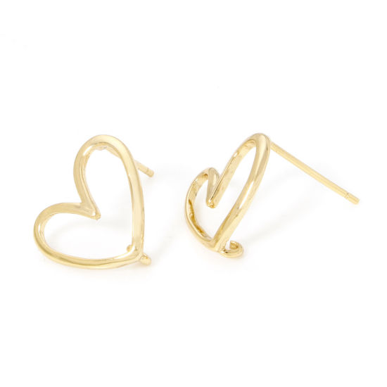 Immagine di 1 Paio Ecologico Ottone San Valentino Orecchino a Bottone per Orecchio con Accessori per Connettori ad Anello 18K Vero Oro Placcato Cuore Filigrana 13mm x 12mm, Dimensione di Posta / Cavo: (21 misura)