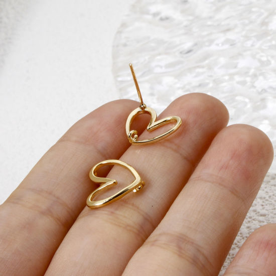 Immagine di 1 Paio Ecologico Ottone San Valentino Orecchino a Bottone per Orecchio con Accessori per Connettori ad Anello 18K Vero Oro Placcato Cuore Filigrana 13mm x 12mm, Dimensione di Posta / Cavo: (21 misura)