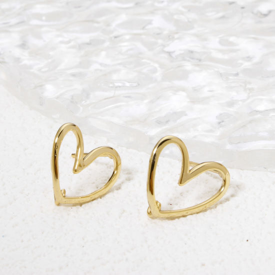 Immagine di 1 Paio Ecologico Ottone San Valentino Orecchino a Bottone per Orecchio con Accessori per Connettori ad Anello 18K Vero Oro Placcato Cuore Filigrana 13mm x 12mm, Dimensione di Posta / Cavo: (21 misura)