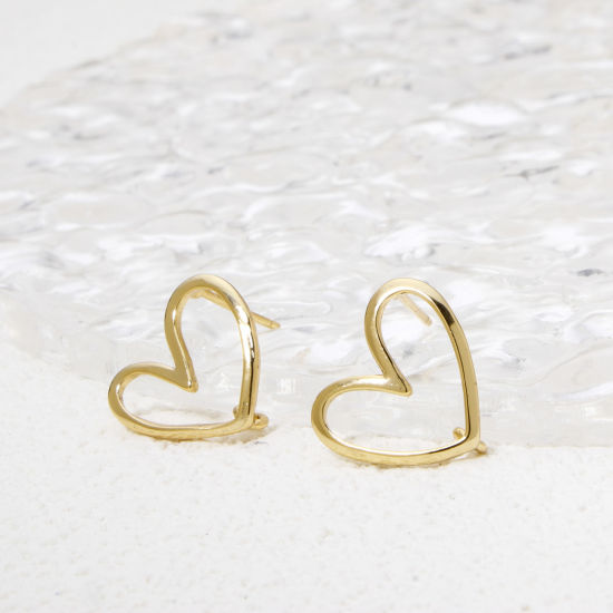 Immagine di 1 Paio Ecologico Ottone San Valentino Orecchino a Bottone per Orecchio con Accessori per Connettori ad Anello 18K Vero Oro Placcato Cuore Filigrana 13mm x 12mm, Dimensione di Posta / Cavo: (21 misura)