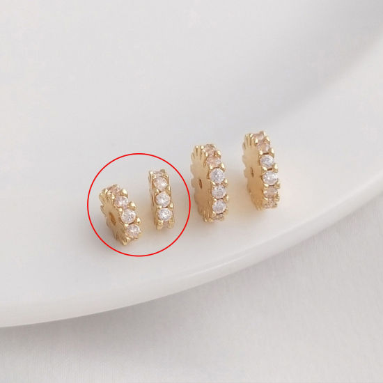 Picture of 2 PCs Eco-friendly Brass Spacer Beads For DIY Bracelet Jewelry Making Findings 14K Real Gold Plated Flat Round Gear Clear Cubic Zirconia About 6mm Dia.