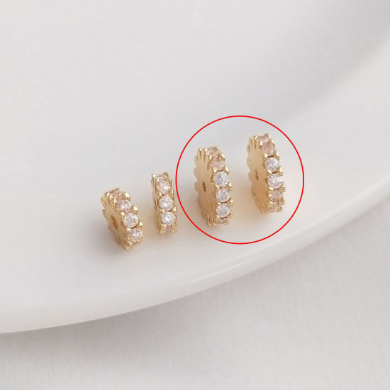 Picture of 2 PCs Eco-friendly Brass Spacer Beads For DIY Bracelet Jewelry Making Findings 14K Real Gold Plated Flat Round Gear Clear Cubic Zirconia About 8mm Dia.