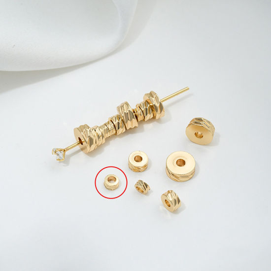 Picture of 10 PCs Eco-friendly Brass Spacer Beads For DIY Bracelet Jewelry Making Findings 14K Real Gold Plated Flat Round Texture About 3mm Dia., Hole: Approx 1.8mm