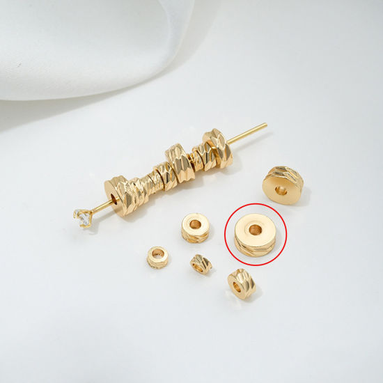 Picture of 10 PCs Eco-friendly Brass Spacer Beads For DIY Bracelet Jewelry Making Findings 14K Real Gold Plated Flat Round Texture About 6mm Dia., Hole: Approx 2mm