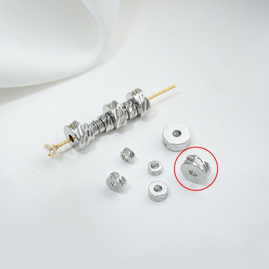 Picture of 10 PCs Eco-friendly Brass Spacer Beads For DIY Bracelet Jewelry Making Findings Real Platinum Plated Flat Round Texture About 6mm Dia., Hole: Approx 2mm