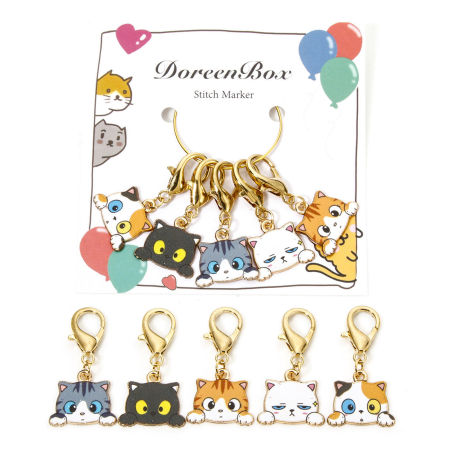 Picture of 1 Set ( 5 PCs/Set) Clip On Charms For Vintage Charm Bracelets Knitting Stitch Markers Cat Animal Gold Plated Multicolor Enamel 3.6cm x 1.8cm