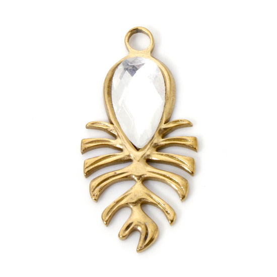 Imagen de 2 Unidades Recubrimiento al Vacío PVD Ecológico 304 Acero Inoxidable Colección Flora Colgantes Gota 18K Oro Real Chapado Hoja de Monstera Transparente Rhinestone 3cm x 1.5cm
