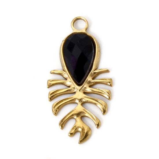 Imagen de 2 Unidades Recubrimiento al Vacío PVD Ecológico 304 Acero Inoxidable Colección Flora Colgantes Gota 18K Oro Real Chapado Hoja de Monstera Negro Rhinestone 3cm x 1.5cm