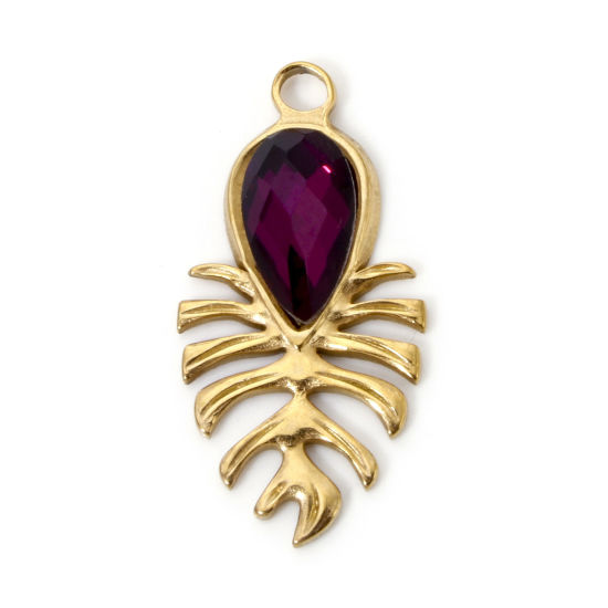 Imagen de 2 Unidades Recubrimiento al Vacío PVD Ecológico 304 Acero Inoxidable Colección Flora Colgantes Gota 18K Oro Real Chapado Hoja de Monstera Amatista Rhinestone 3cm x 1.5cm