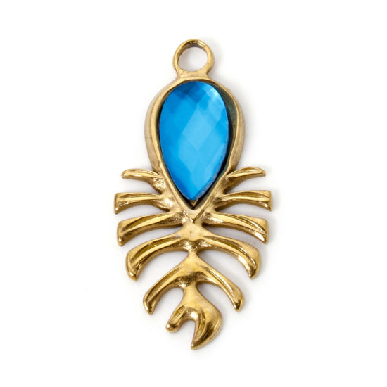 Imagen de 2 Unidades Recubrimiento al Vacío PVD Ecológico 304 Acero Inoxidable Colección Flora Colgantes Gota 18K Oro Real Chapado Hoja de Monstera Azul Rhinestone 3cm x 1.5cm
