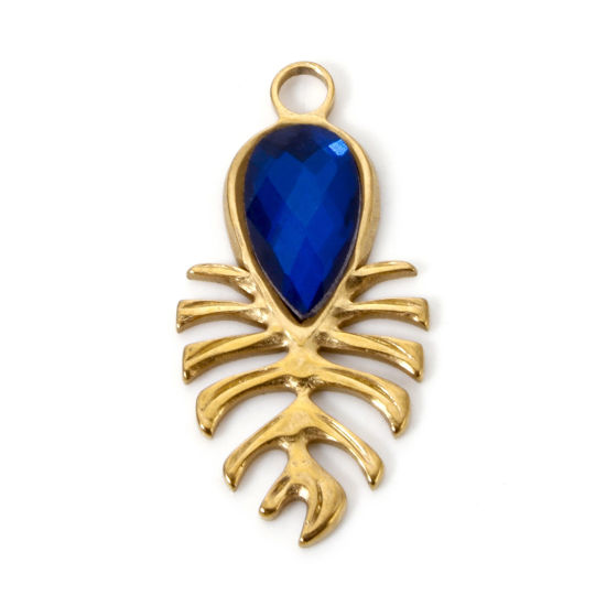 Imagen de 2 Unidades Recubrimiento al Vacío PVD Ecológico 304 Acero Inoxidable Colección Flora Colgantes Gota 18K Oro Real Chapado Hoja de Monstera Azul Marino Rhinestone 3cm x 1.5cm