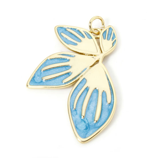 Picture of 1 Piece Eco-friendly Brass Pendants 18K Real Gold Plated Blue Pearlized Petaline Enamel 3.6cm x 2.4cm