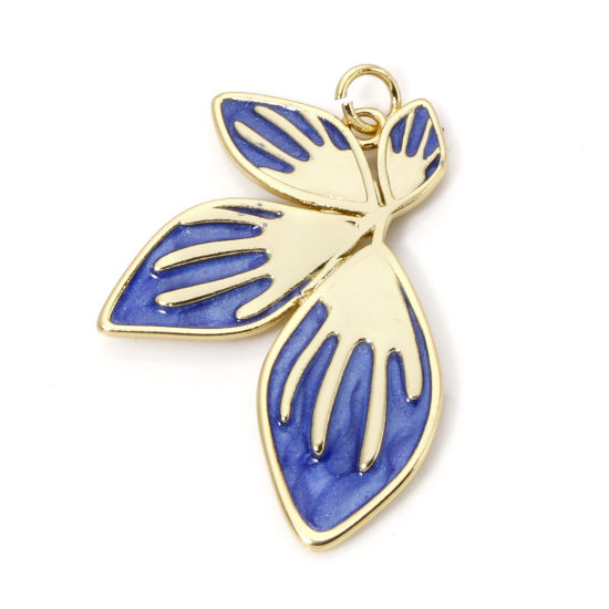 Picture of 1 Piece Eco-friendly Brass Pendants 18K Real Gold Plated Dark Blue Pearlized Petaline Enamel 3.6cm x 2.4cm