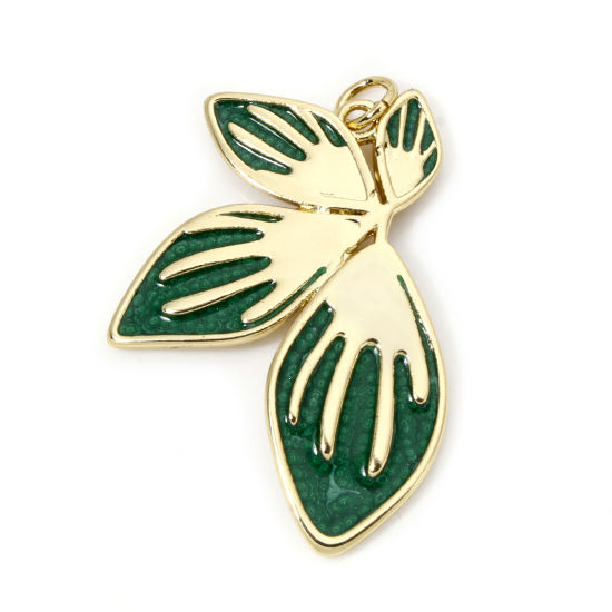 Picture of 1 Piece Eco-friendly Brass Pendants 18K Real Gold Plated Green Pearlized Petaline Enamel 3.6cm x 2.4cm