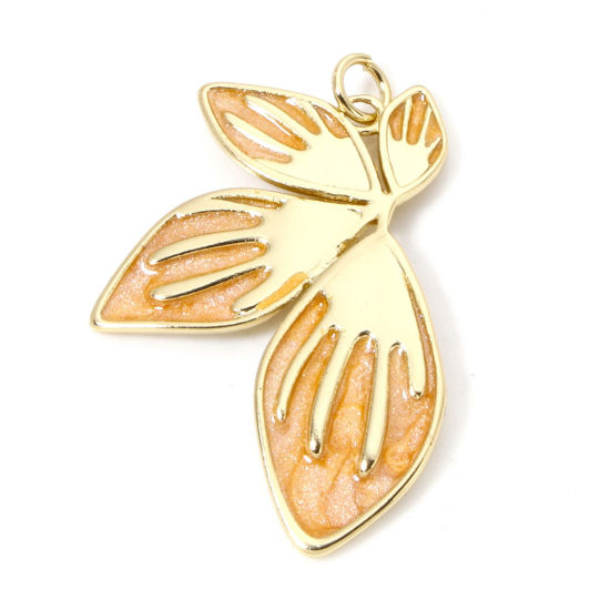 Picture of 1 Piece Eco-friendly Brass Pendants 18K Real Gold Plated Orange Pearlized Petaline Enamel 3.6cm x 2.4cm