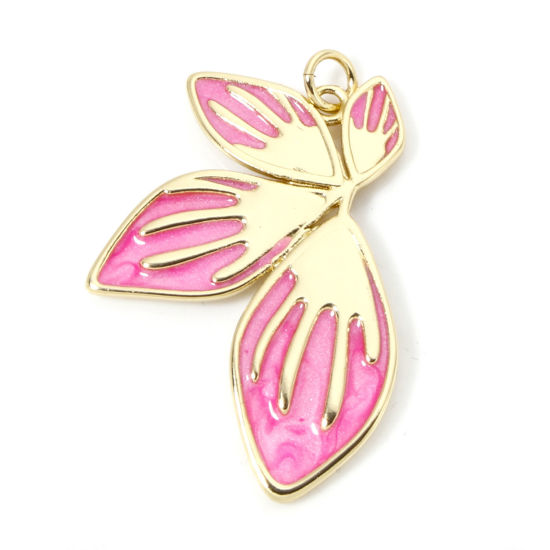 Picture of 1 Piece Eco-friendly Brass Pendants 18K Real Gold Plated Fuchsia Pearlized Petaline Enamel 3.6cm x 2.4cm