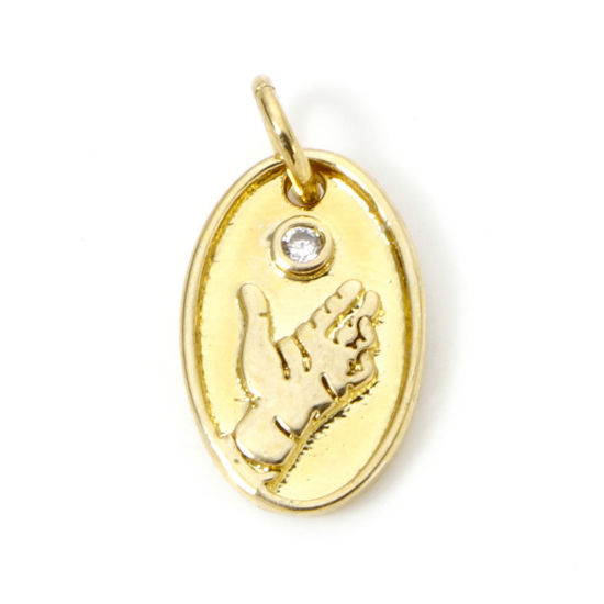 Picture of 2 PCs Eco-friendly Brass Charms 18K Real Gold Plated Oval Gesture Clear Cubic Zirconia 17mm x 9mm