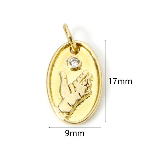 Picture of 2 PCs Eco-friendly Brass Charms 18K Real Gold Plated Oval Gesture Clear Cubic Zirconia 17mm x 9mm