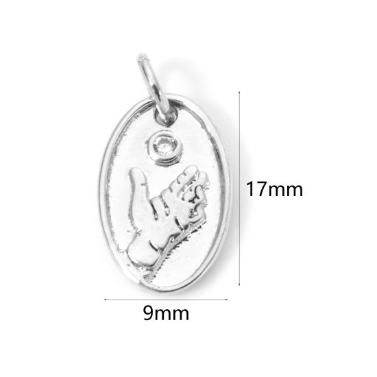 Picture of 2 PCs Eco-friendly Brass Charms Real Platinum Plated Oval Gesture Clear Cubic Zirconia 17mm x 9mm