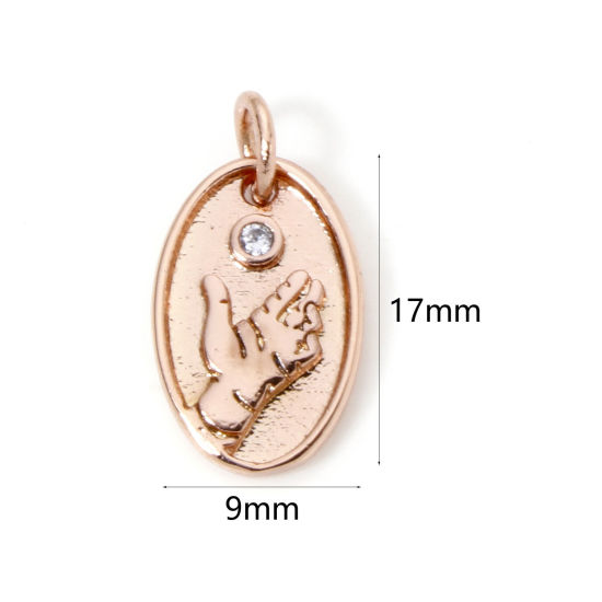 Picture of 2 PCs Eco-friendly Brass Charms Real Rose Gold Plated Oval Gesture Clear Cubic Zirconia 17mm x 9mm